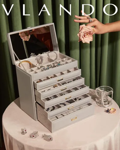 Miniatura 7 de Vlando Joyero grande, organizador de joyas con 5 cajones, cajas de joyería de cuero sintético para mujeres, anillos, pulseras, aretes, collares