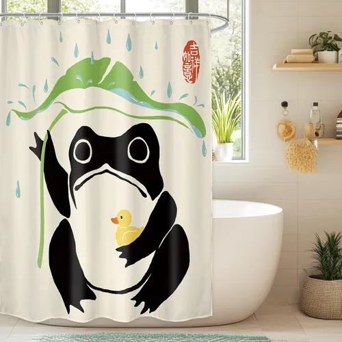 Miniatura 37 de Juego Divertido de Cortina de Rana Retro para Ducha, Juego de Baño 48x71 Pulgadas, Estilo Asiático Lindo, Arte Japonés Tradicional de Pato de Goma