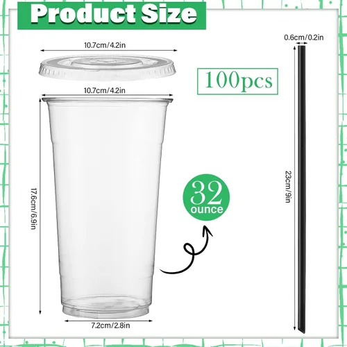 Miniatura 2 de Nuogo Juego de 100 vasos de plástico transparente de 32 onzas con tapas planas y pajitas, vasos de plástico PET con tapas, pajitas de colores, vasos