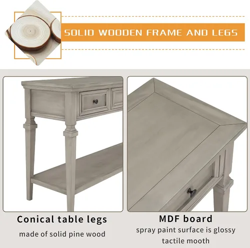 Miniatura 6 de RuiSiSi Mesa consola de granja con 3 cajones y estante inferior, mesa de sofá de madera maciza para sala de estar, comedor, entrada, gris lavado