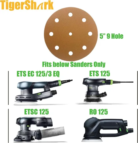 Miniatura 3 de TigerShark Discos de lijado de 5 pulgadas, 9 agujeros, grano 120, 50 unidades, paquete especial de revestimiento antiobstrucciones, papel TigerShark