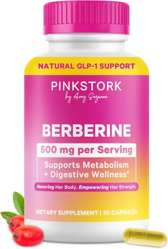 Pink Stork Berberina 500 mg - Activador metabólico diario AMPK - 500 mg de metabolismo + apoyo para la salud intestinal para mujeres - probado por