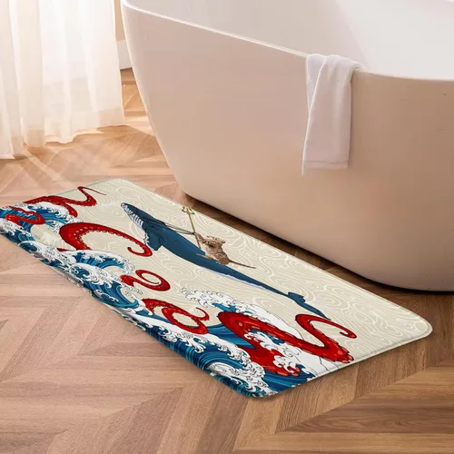 Miniatura 7 de Tapete de baño de tentáculos de pulpo, océano rojo, kraken, animales náuticos, tentáculos de pulpo, grandes olas japonesas, divertido, gato
