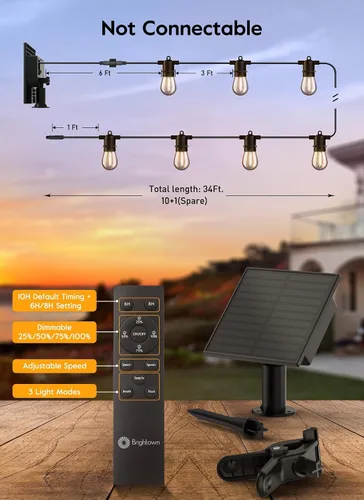 Miniatura 6 de Minetom Tira de luces solares de 34 pies para exteriores con control remoto, luces de patio con 10 bombillas LED inastillables y ganchos, enchufe