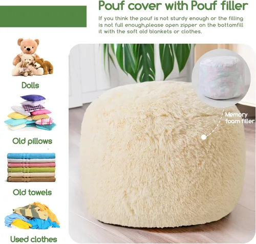 Miniatura 3 de HIGOGOGO Puf Otomano Redondo Relleno, Pufs Largos de Piel Sintética con Relleno de Trozos de Espuma, Puf Esponjoso y Peludo Taburete Reposapiés Beige