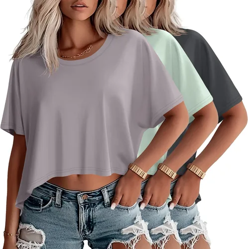 Miniatura 28 de Huukeay Paquete de 3 camisetas recortadas de gran tamaño para mujer, manga corta, holgadas, cuello redondo, holgadas, para entrenamiento