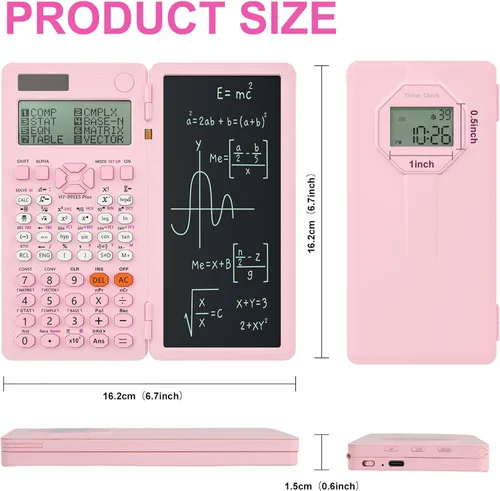 Miniatura 5 de Calculadoras científicas, calculadora Rudnia Pink con reloj despertador, calculadora de escritorio de 417 funciones recargable, calculadora para Rosa