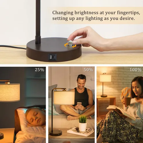 Miniatura 5 de Juego de 2 lámparas de mesa, lámpara de mesita de noche completamente regulable con puertos de carga USB C+A, lámparas modernas de noche