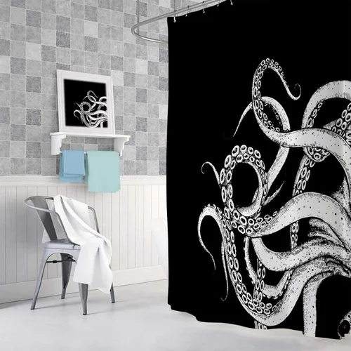 Miniatura 3 de Octopus Decor - Cortina de ducha para caravana, remolque, baño, divertido juego de cortinas de ducha pequeñas y estrechas de tela en blanco y negro