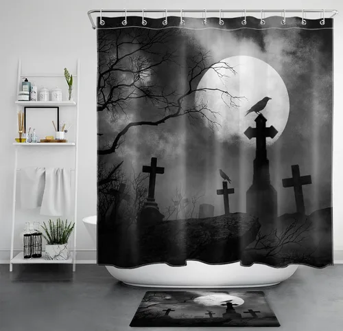 Miniatura 34 de LB Cortina de ducha de feliz Halloween para baño, flamenco rosa y calabaza naranja con sombrero mágico, cortina de ducha de tela con ganchos, juego