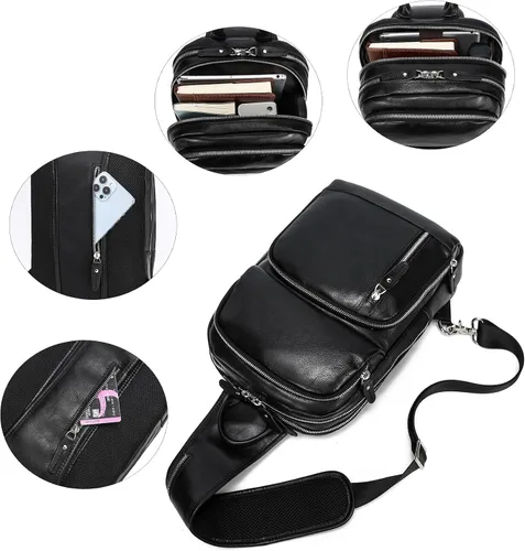 Miniatura 4 de LANNSYNE Bolso bandolera de cuero de grano completo para hombre, mochila cruzada en el pecho para iPad de 12.9 pulgadas