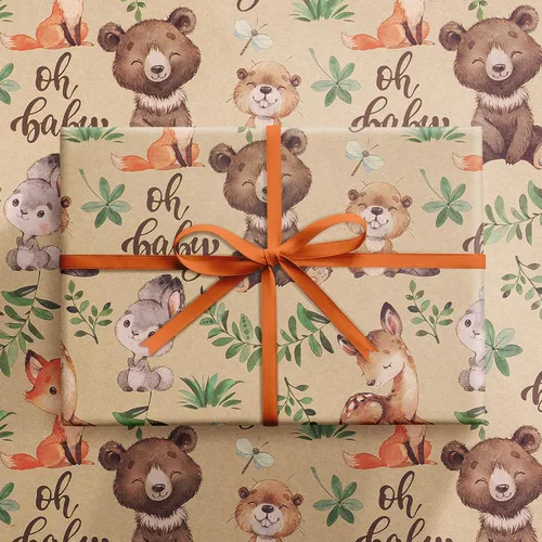 Miniatura 8 de RUSPEPA - Rollo de papel para envolver regalos con diseño de animales del bosque, mini rollo, papel kraft con texto "Oh Baby" para baby shower