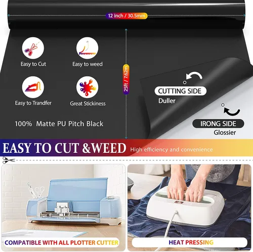Miniatura 4 de TransWonder Vinilo de transferencia de calor negro de 12 x 25 pies, vinilo para planchar para prensa de calor Cricut, vinilo HTV para camisetas