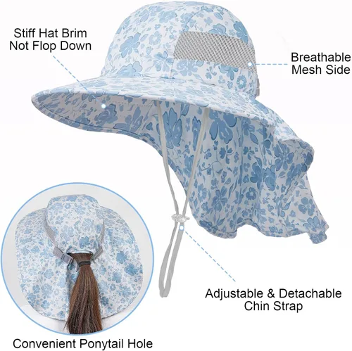 Miniatura 15 de Sombrero de sol para niños, protección UV, unicornio, verano, playa, jugar con ala ancha, solapa para el cuello para niñas y niños