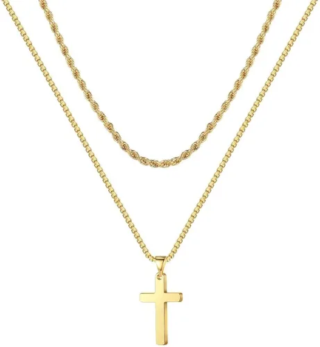 Ursteel Cross Necklace for Men Stainless Steel Silver Black Gold Layered Rope Chain Cross Pendant Necklace Simple Jewelry Gifts Chain Necklace for