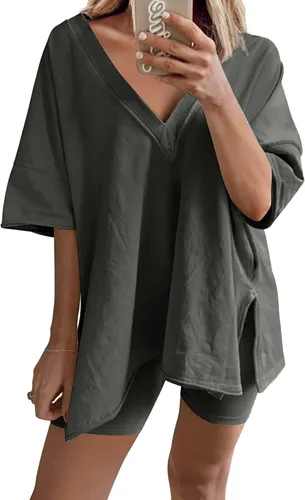 Huaqiao Conjuntos de 2 piezas para mujer, camisetas de gran tamaño, conjunto corto de motociclista, conjunto reversible