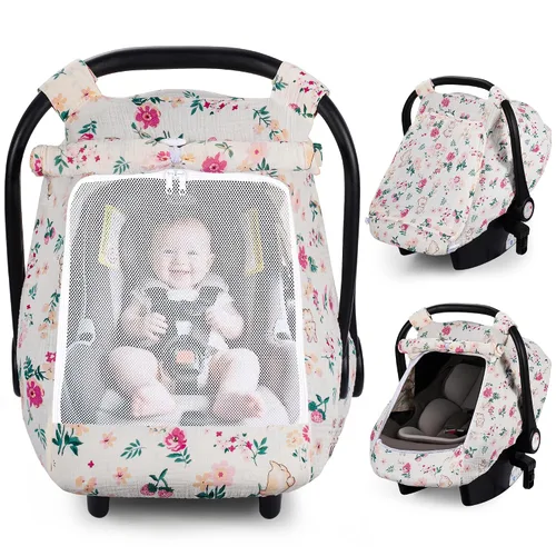 Miniatura 12 de Rquite Funda de asiento de automóvil para bebé, fundas de asiento de automóvil para niña y niño, algodón muselina transpirable, ventana de malla Rosa