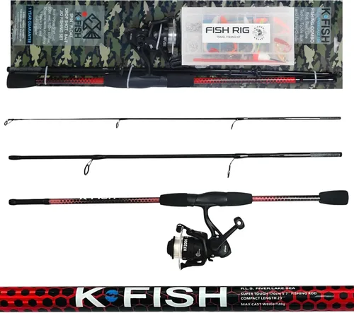 Miniatura 6 de Juego de combinación de pesca de peces K aparejados y listos. Caña compacta de 3 secciones de 66.9 in 5 pies 7 pulgadas, caja de aparejos y aparejos