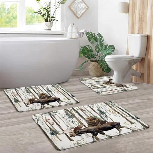 Miniatura 7 de Misty Forest Deer 2 piezas tablero de madera animales salvajes alce rústico naturaleza niebla caza cabaña árbol selva alfombra de baño en forma de U