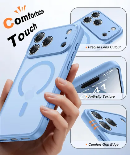 Miniatura 5 de FNTCASE Funda para iPhone 17 Pro: Fundas delgadas translúcidas de color azul claro compatibles con MagSafe, protección completa de la cámara