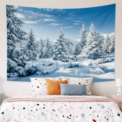 Miniatura 2 de Arrebolart Tapiz de bosque de invierno para colgar en la pared, pinos en tapiz nevado, tapiz de paisaje de Feliz Navidad, arte de pared para niños