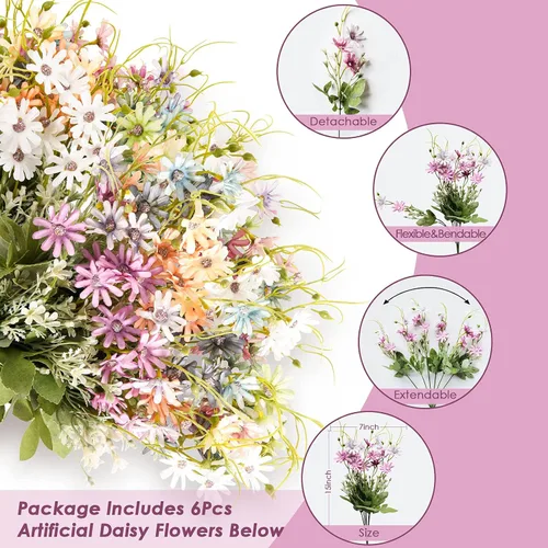 Miniatura 7 de 6 paquetes de flores silvestres artificiales para exteriores, margaritas falsas resistentes a los rayos UV, ramos de flores silvestres de seda