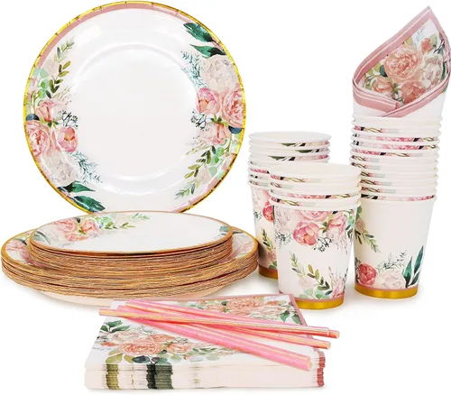 Boosolo Suministros florales para fiestas, juegos de platos de papel y servilletas para 24 invitados, incluye platos de papel desechables florales,