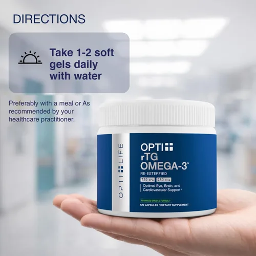 Miniatura 5 de Opti + Omega 3 Aceite de pescado EPA DHA, apoyo para las articulaciones del cerebro del corazón* Formulado por médicos Uso diario Omega 3 DHA