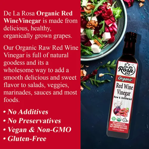 Miniatura 5 de De La Rosa - Vinagre orgánico de vino tinto y blanco, crudo y sin filtrar, con la "madre", Kosher para Pascua, vegano, sin OMG y sin gluten, ideal