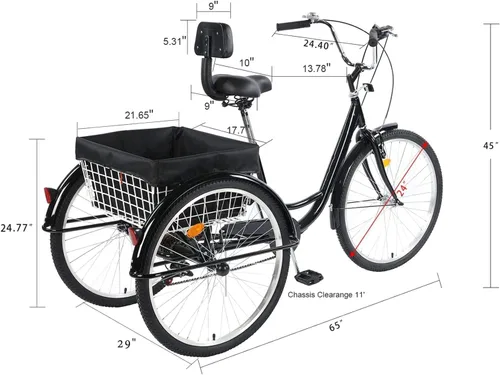 Miniatura 6 de Triciclo para adultos de 24/26 pulgadas, bicicleta de 7 velocidades y 3 ruedas para hombres y mujeres, triciclo de crucero con asiento ajustable