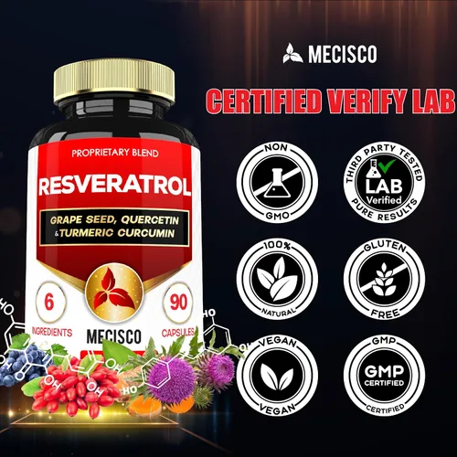 Miniatura 6 de Mecisco Suplemento de resveratrol trans con semilla de uva, cardo mariano y más - Resveratrol - 6 soportes herbales para el sistema inmunológico