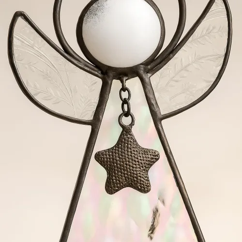 Miniatura 4 de J Devlin Glass Art Adorno de ángel de vidrieras – Atrapasoles de vidrio iridiscente con alas texturizadas transparentes y acento de estrella