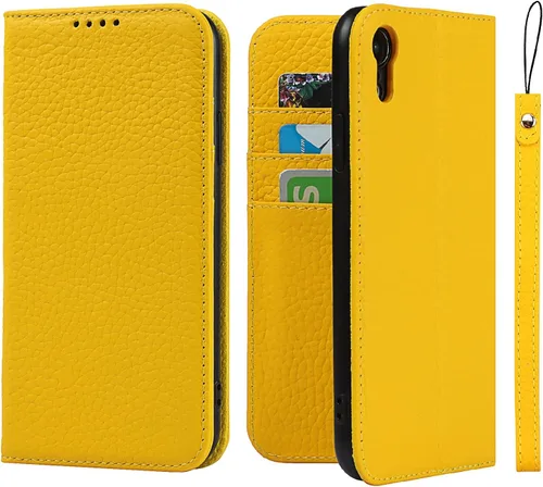 iCoverCase Funda compatible con iPhone XR tipo cartera con tarjetero y correa para la muñeca, bloqueo RFID, funda magnética para teléfono de 6.1