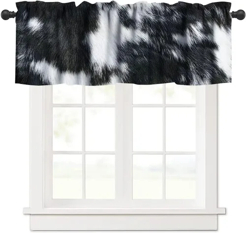 Miniatura 23 de Cenefa de piel de vaca blanca y negra, con estampado de animales de granja occidental, cortina corta opaca para ventana de granja, cocina