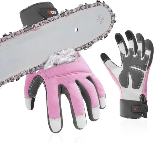 Miniatura 8 de Vgo... Guantes de motosierra, protección de sierra de 12 capas en la parte trasera izquierda/ambas manos, guantes de cuero de vaca, pantalla táctil