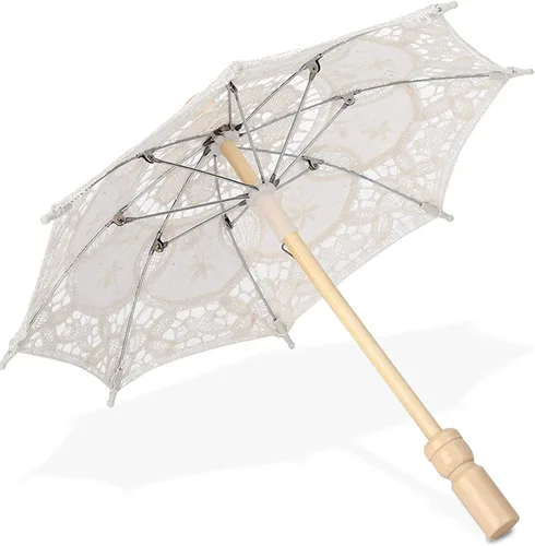 Sombrilla de encaje paraguas vintage blanco con mango de madera para boda decoración de fiesta de té S-Beige