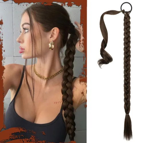 Miniatura 67 de Sofeiyan Extensión de cola de caballo de trenza larga con banda para el cabello, lacio, elegante, envolvente, extensiones de cabello trenzado, cola