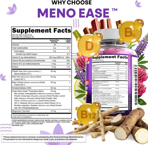 Miniatura 7 de Suplemento para la menopausia para mujeres en gomitas con cohosh negro, ñame silvestre, DIM, magnesio, trébol rojo, agracejo para el equilibrio