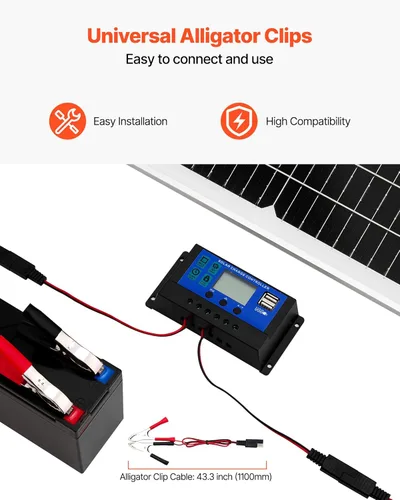 Miniatura 5 de VEVOR 50W 12V Cargador Lento y Mantenedor para Batería Solar, Cargador de Batería de Panel Solar Mono con Controlador MPPT Mejorado y Soporte