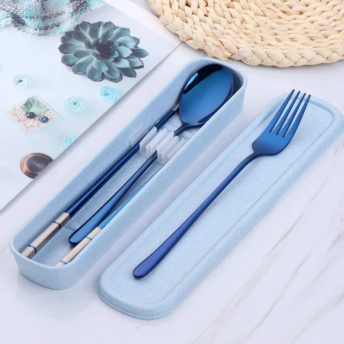 Miniatura 7 de Cubiertos de viaje portátiles, 3 piezas, cuchara, tenedor, palillos, acero inoxidable 18/10, con estuche y bolsa para la escuela, el trabajo