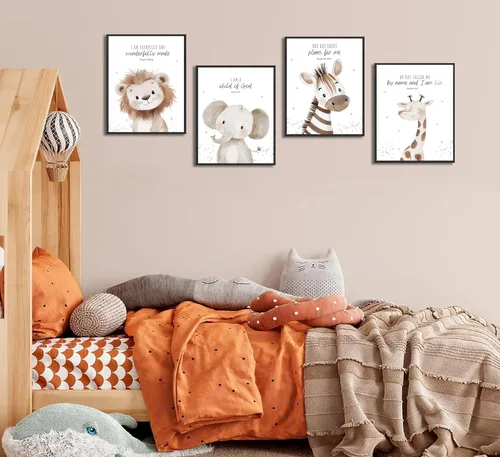 Miniatura 3 de 4 piezas de lienzo de animales con versículos bíblicos para guardería, arte de pared divertido y lindo de animales de safari, pintura cristiana