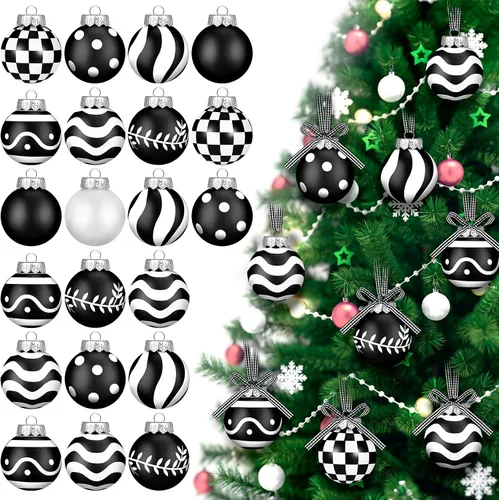 Chuangdi 24 piezas Adornos de bola de Navidad para árbol, decoraciones de árbol de Navidad en negro y blanco, adornos modernos de bola colgante con