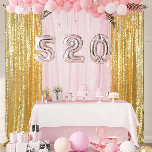 Miniatura 3 de 4 paneles de cortina de lentejuelas doradas y rosas de 2 x 8 pies, cortinas de fondo de lentejuelas con purpurina para decoración de fiesta