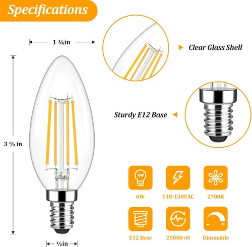 Miniatura 2 de Brightever Bombillas LED E12 de Candelabro Regulables Equivalentes a 60W, Paquete de 5 Bombillas B11 de 6W para Candelabro, 620Lm 2700K Blanco 60w