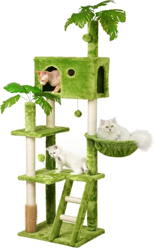 Meecal Árbol para Gatos de 65 Pulgadas de Alto con Hojas para Gatos de Interior, Torre Verde para Gatos con Poste Rascador, Hamaca Colgante, Percha