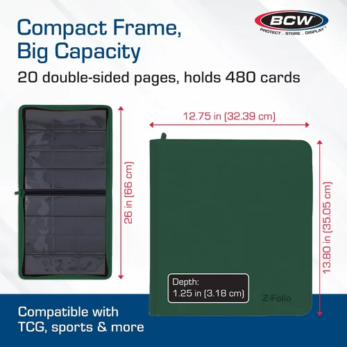 Miniatura 3 de BCW Z-Folio LX - Cartera con cremallera – Álbum de 12 bolsillos de cuero sintético verde premium – Cremallera segura – Capacidad de 480 tarjetas