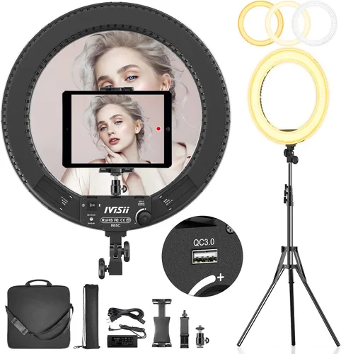 Miniatura 8 de Anillo de luz de 18 pulgadas con soporte, 60 W bicolor 3000-5800K anillo de luces profesionales con trípode para maquillaje Vlog, anillo grande