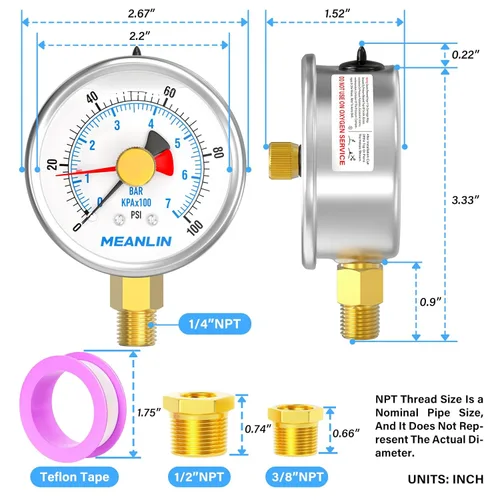 Miniatura 2 de MEANLIN MEASURE 0~100 Psi Manómetro de acero inoxidable con esfera de 2.5 pulgadas con puntero de reinicio, relleno de líquido, WOG para agua