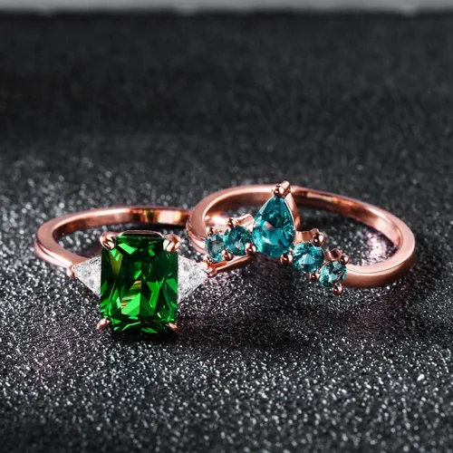 Miniatura 4 de JIANGYUE Anillos apilables de circonita cúbica verde esmeralda para mujer, oro rosa, blanco, corona, juego de anillos de boda, joyería para el día