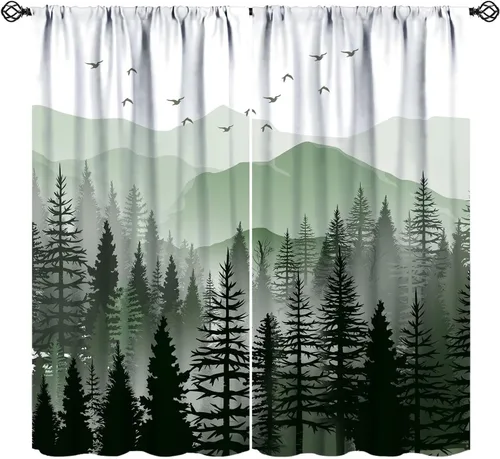 Miniatura 20 de BAEKJIN Cortinas verdes de bosque brumoso, acuarela, naturaleza, paisaje, plantas, árbol, bolsillo para barra, opacas, tratamiento de ventana